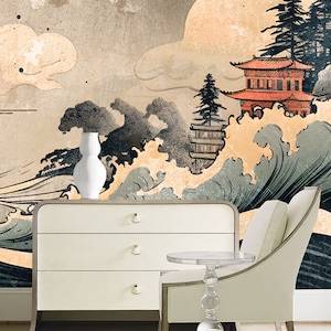 JAPANISCHE traditionelle Landschaftstapete | Vintage Malerische Tapete | Panoramique | Ablösbare Tapete #456