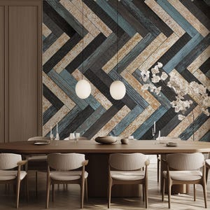 Carta da parati in assi di legno shabby / Parquet intarsiato / Murale con motivo a spina di pesce / Rivestimento moderno / Boiserie geometrica Peel and Stick #712