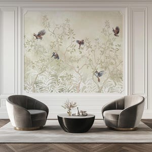 Papier peint chinoiseries, décoration murale orientale oiseaux et plantes, papier peint vintage, papier peint japonais, fond botanique pastel #767