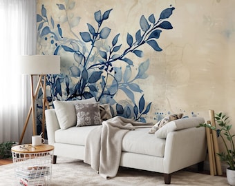 Carta da parati con foglie acquerellate: murale moderno con stucco floreale n. 694
