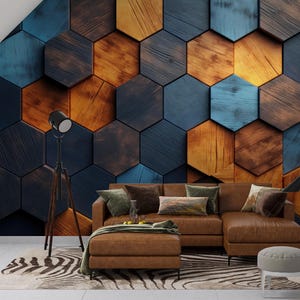 Carta da parati moderna in legno intarsiato con parquet/murales in legno scuro di lusso/rivestimento/boiserie staccabile e attaccabile/murales geometrico n. 648