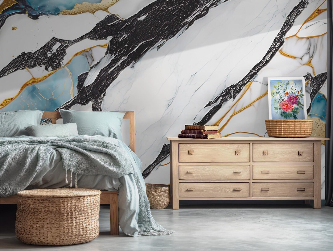 Abstract White and Blue Marble Wallpaper: Modern Gold Mural, Removable ...