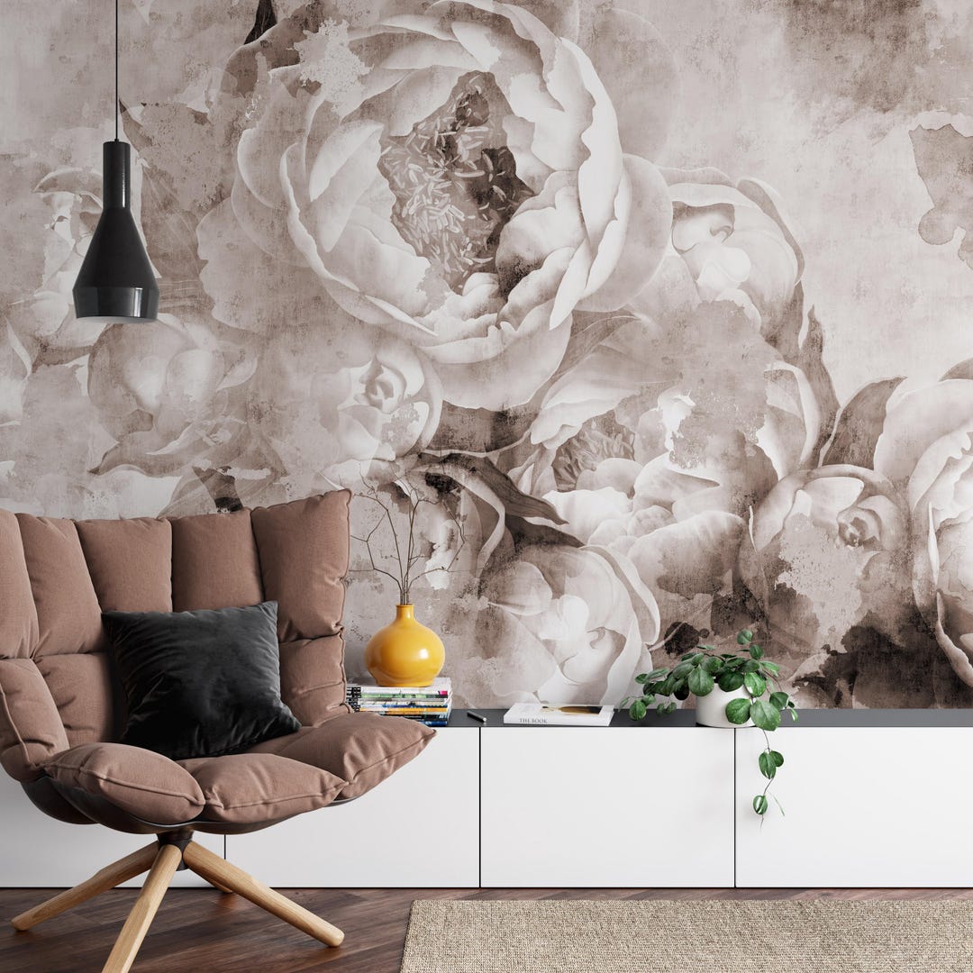 Watercolor Peonies Flowers Wallpaper | Antique Floral Mural | Botanical ...