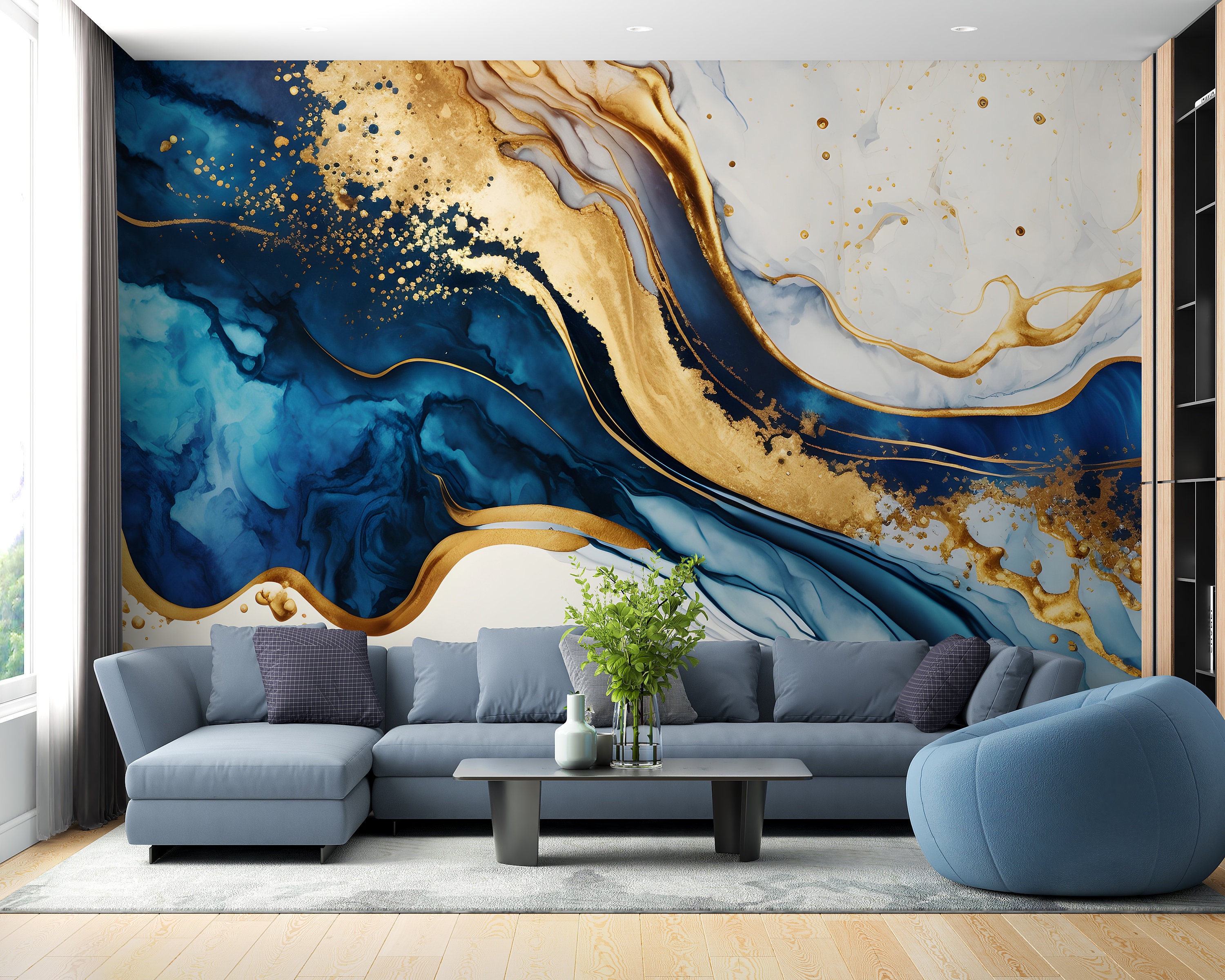 Elegant Blue Gold Marble Wallpaper Chic Wall Decor Perfect - Etsy