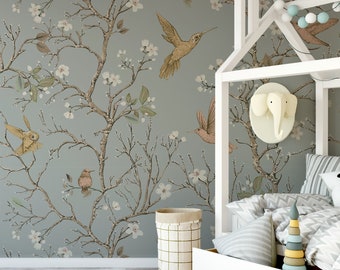 Vintage Chinoiserie Peel and Stick Wallpaper: Birds, Branches, Flowers #666