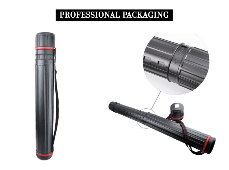 May include: A black cylindrical document storage tube with vertical ridges, a red accent ring, and an adjustable black carrying strap. The text PROFESSIONAL PACKAGING appears at the top. A circular inset shows a close-up of the tube's locking mechanism.