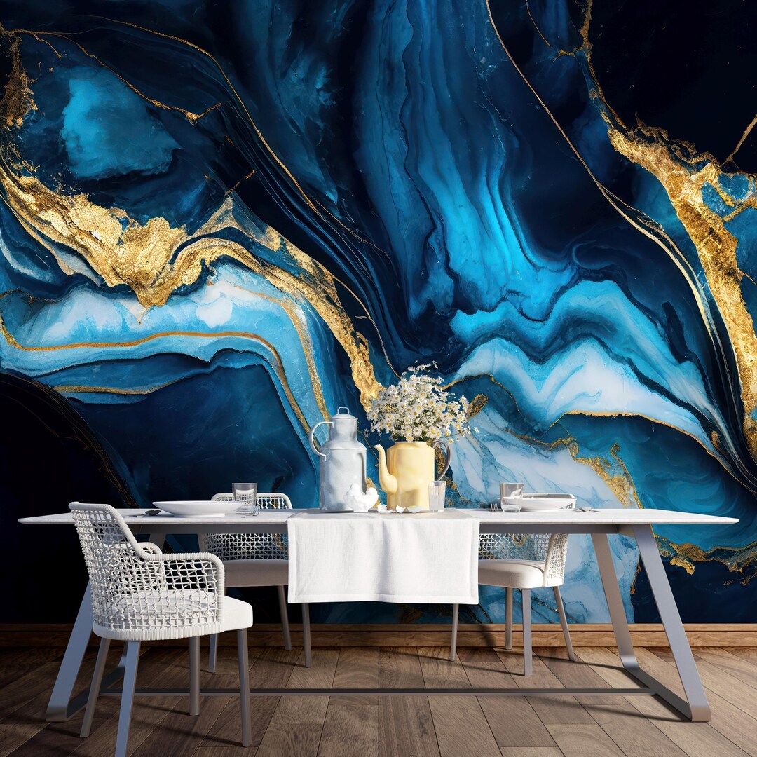Blue Gold Marble Wallpaper Mural: Elegant Living Room Wall Decor #468 ...