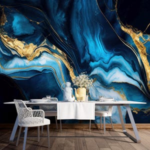 Blue Gold Marble Wallpaper Mural: Elegant Living Room Wall Decor #468