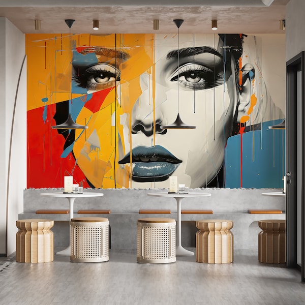 Abstract Woman Face | Premium Coffee Shop Mural | Visage Restaurant Wallpaper | Pub Bar Wallpaper | Classic Grunge Pop Effect #632