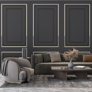 Black and Gold Wood Panel Wallpaper: Modern Wainscot Mural - Peel and Stick