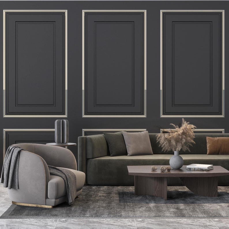 Black and Gold Wood Panel Wallpaper: Modern Wainscot Mural - Peel and Stick image 1