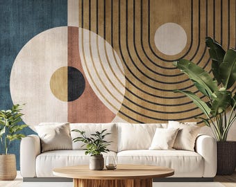 3d Minimal Geometrische Tapete | Abstrakte Kreise Linien Retro Beige Design | Moderne Wohnkultur, Feature Wand, Langlebig Wasserdicht #887