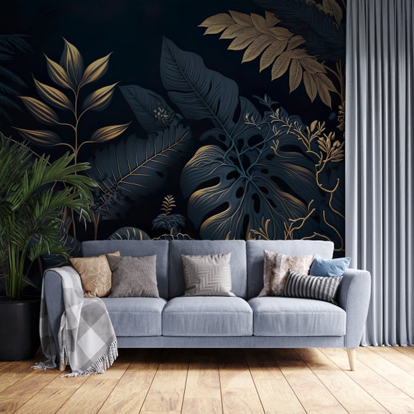 DARK Blue and Gold Tropical Wallpaper | Watercolor Palm Plants Tropical Mural | Removable Leaf Foliage Decal | Modern Jungle Mural #453