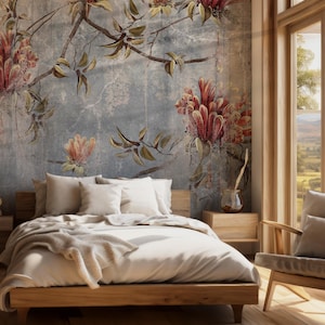 Carta da parati floreale scura vintage, elegante natura morta con fiori su parete strutturata, murale gotico romantico da staccare e attaccare per camera da letto n. 779