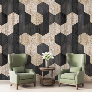 Carta da parati esagonale in legno shabby, pannello in legno per decorazione murale, murale in legno di lusso, rivestimento moderno, texture geometrica staccabile e attaccabile #868