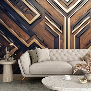 Carta da parati in parquet con intarsi in legno astratto/Carta da parati murale in legno blu scuro di lusso/Pannello di rivestimento moderno/Boiserie geometrica staccabile e attaccabile n. 525
