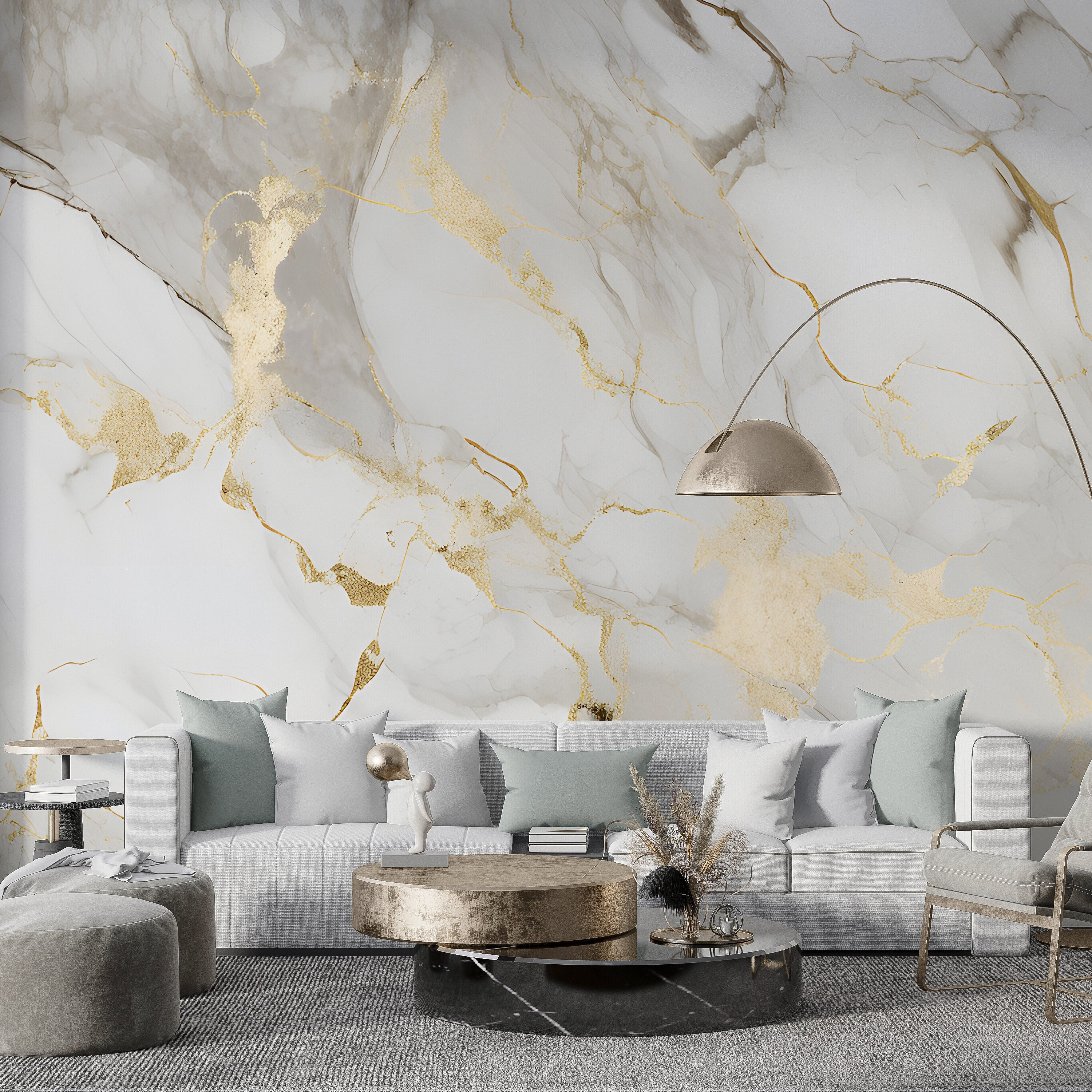 White Gold Marble Wallpaper | Modern Abstract Gold Marble Mural | Luxury Stone Texture | Ceramic Art Wall | Preppy Removable Wall Print #622