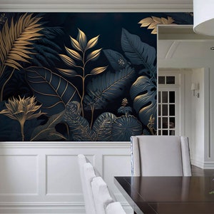 DARK Blue and Gold Tropical Wallpaper Watercolor Palm Plants Tropical Mural Removable Leaf Foliage Decal Modern Jungle Mural 453 image 2