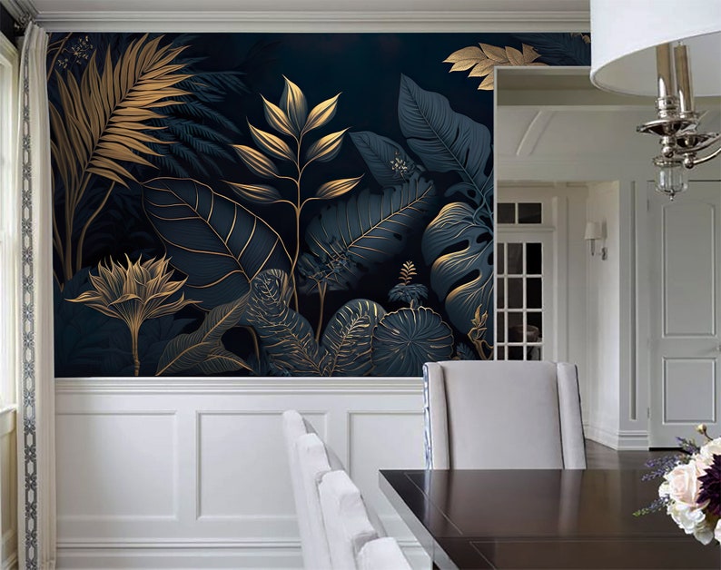 DARK Blue and Gold Tropical Wallpaper Watercolor Palm Plants Tropical Mural Removable Leaf Foliage Decal Modern Jungle Mural 453 image 2