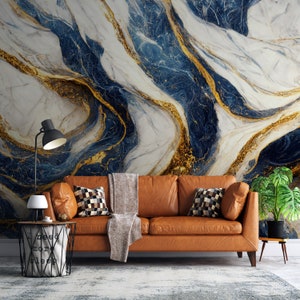 Carta da parati in pietra di marmo ORO e BLU / Arte murale moderna / Murale acquerello astratto / Design di lusso alla moda / Colori contemporanei #527