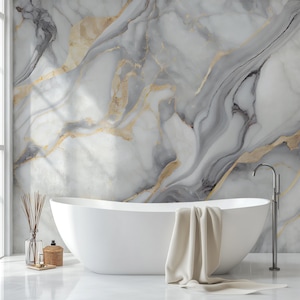 Grey and Gold Abstract Marble Wallpaper, Modern Natural Gold Mural, Luxury Creative Stone, Glossy Ceramic Art, Preppy Removable Print #762