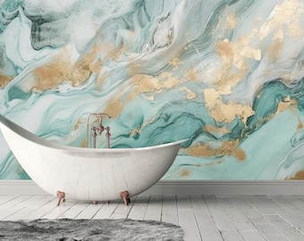 SOFT Aqua Gold Marble Wallpaper | Modern Abstract Gold Mural | Luxury Creative Stone | Ceramic Art Wall  | Preppy Removable Wall Print #434