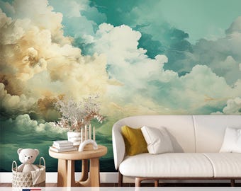 Vintage behang met bewolkte hemel: peel and stick vinylstof #635