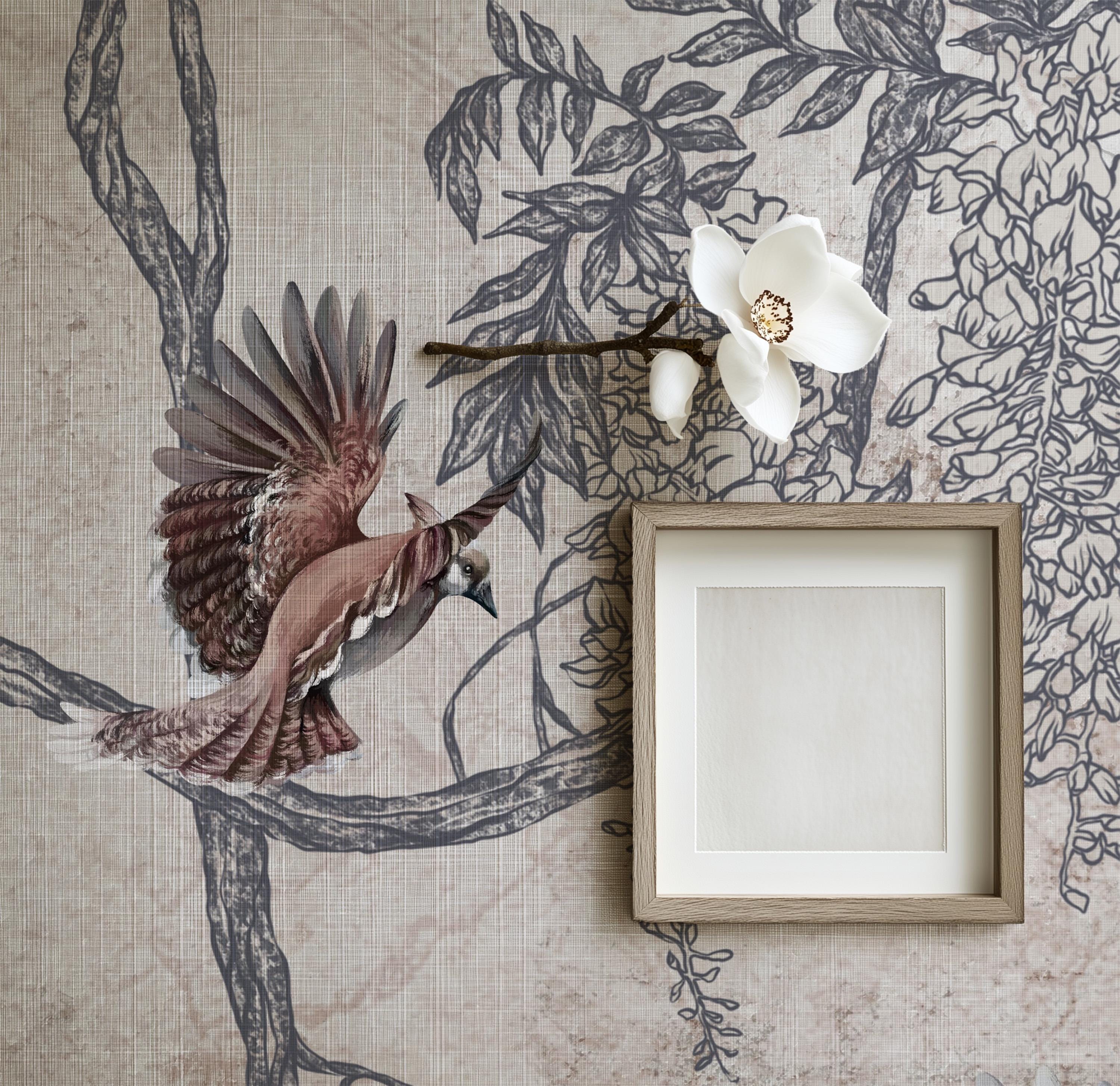 ヴィンテージ風藤鳥柄壁紙壁画、アンティーク調植物スケッチ壁画
