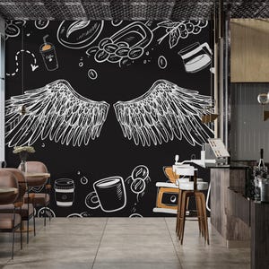 Carta da parati "Ali d'angelo" con caffè - Decorazione retrò per bar e bistrot con mani che tengono un bicchiere, murale per ristorante, pub e bar #826
