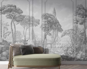 Modern Landscape Wood Panels Wallpaper | Luxury Wood Moulding Mural | Wainscot | Dollhouse Miniature | Boiserie Peel and Stick #862