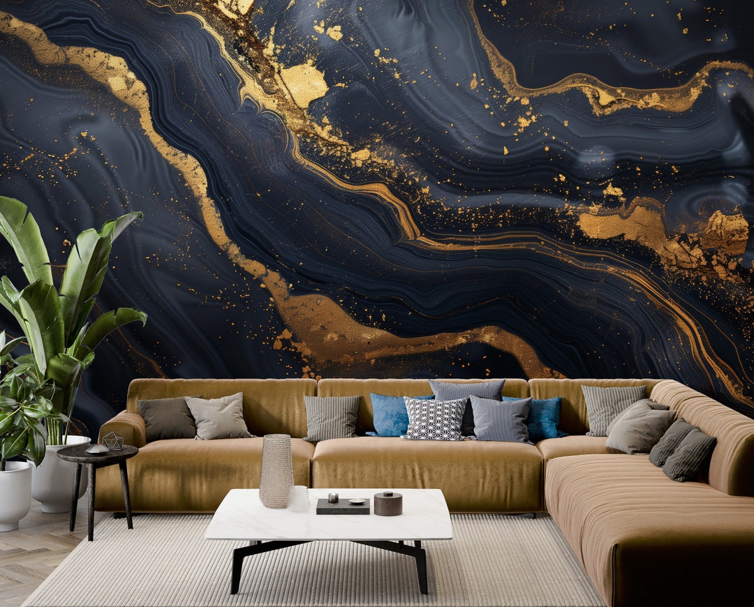 Dark Blue and Gold Marble Wallpaper, Removable Peel and Stick Wall ...