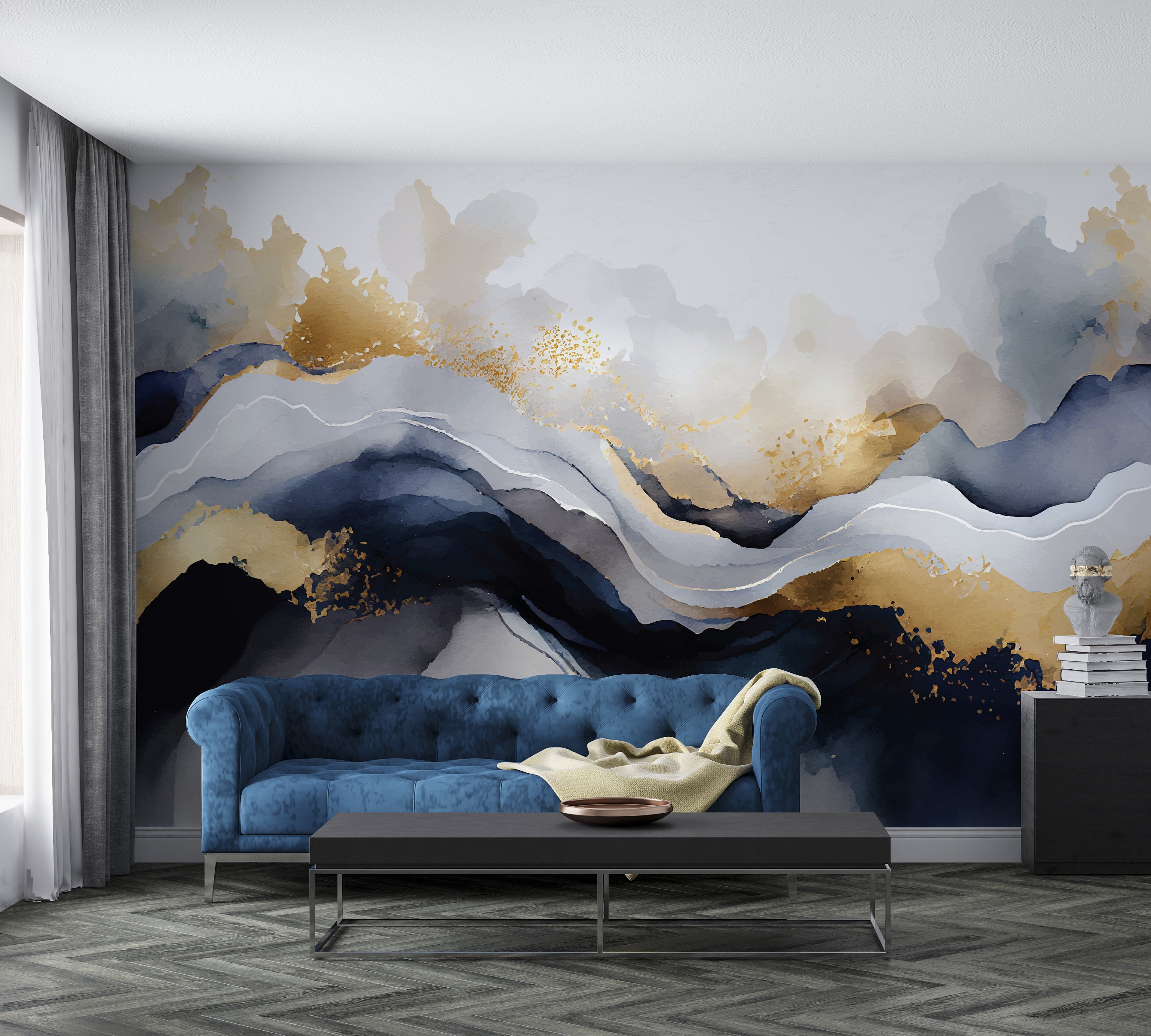 GOLD and BLUE Marble Wallpaper Modern Stone Wall Art Abstract ...