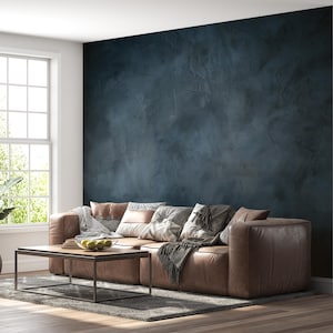 May include: A dark navy blue wall with a textured, mottled finish behind a low-profile brown leather sofa. The sofa is adorned with several patterned throw pillows and a draped blanket, positioned on a gray area rug with a wooden coffee table.