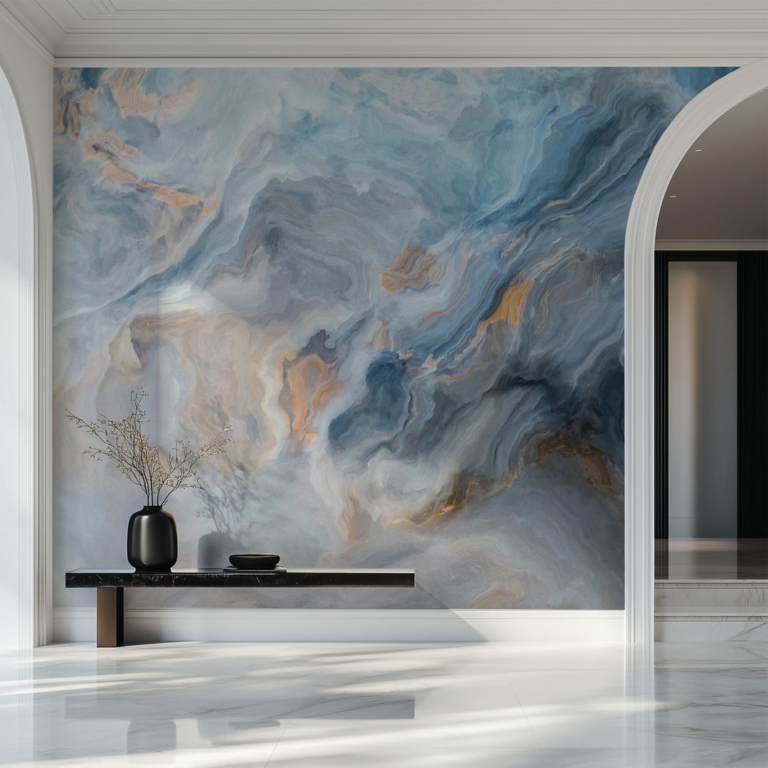 Designer Blue Gold Marble Wallpaper Mural, Unique Home Decor, Great for ...