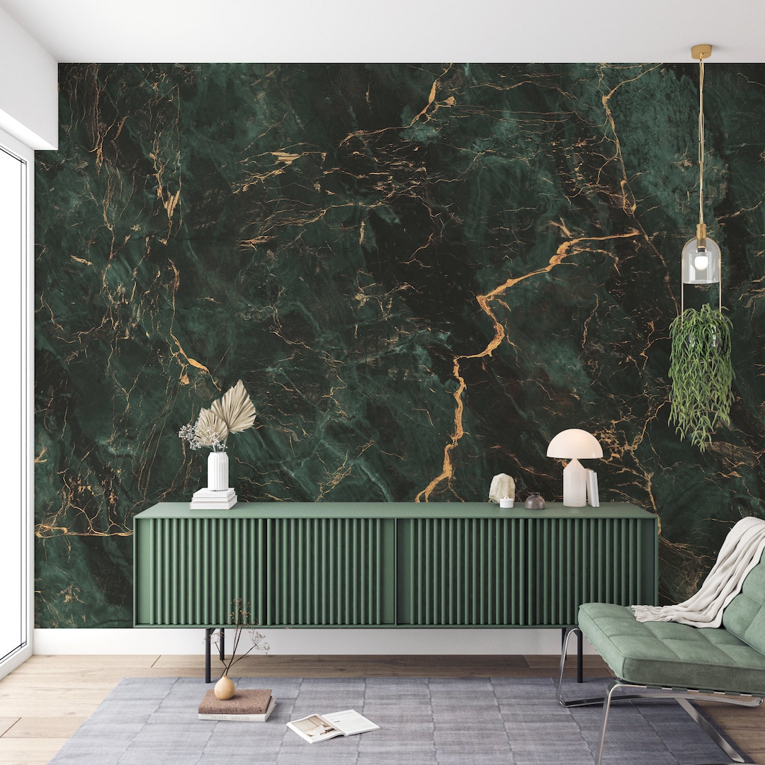 PERFECT Marble Green Wallpaper | Modern Dark Green Marble Mural ...