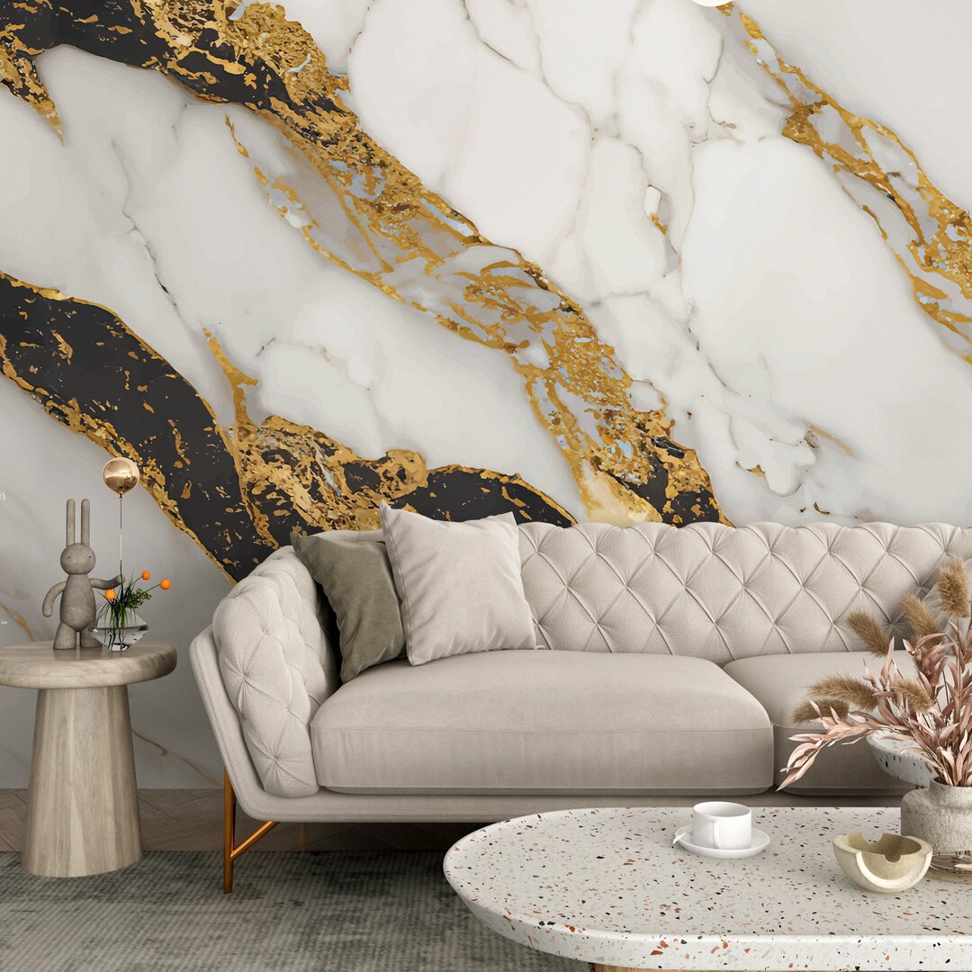 Gold Marble Wallpaper Mural: Abstract Stone, Modern Interior Design ...