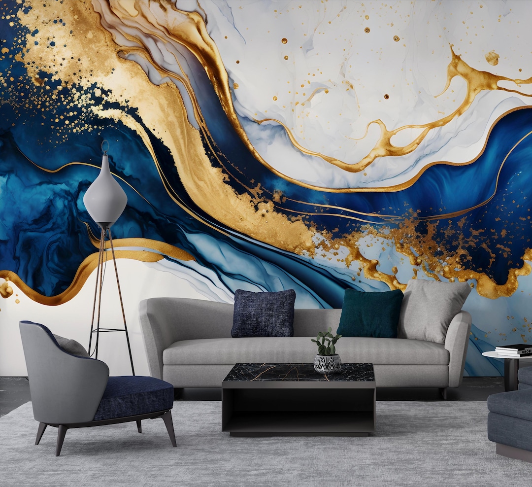 Elegant Blue Gold Marble Wallpaper, Chic Wall Decor, Perfect for Room ...