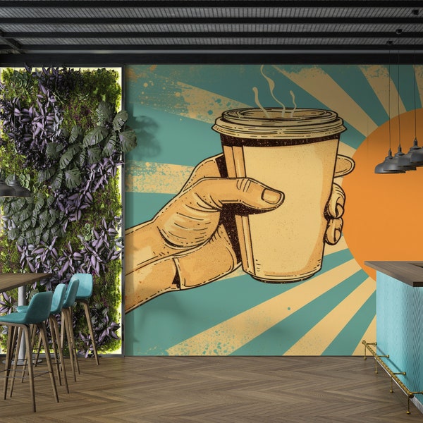 VINTAGE Cup of Coffee Wallpaper | Retro Restaurant Wallpaper | Pub Bar Wallpaper | Classic Decor | Grunge Pop Effect #634