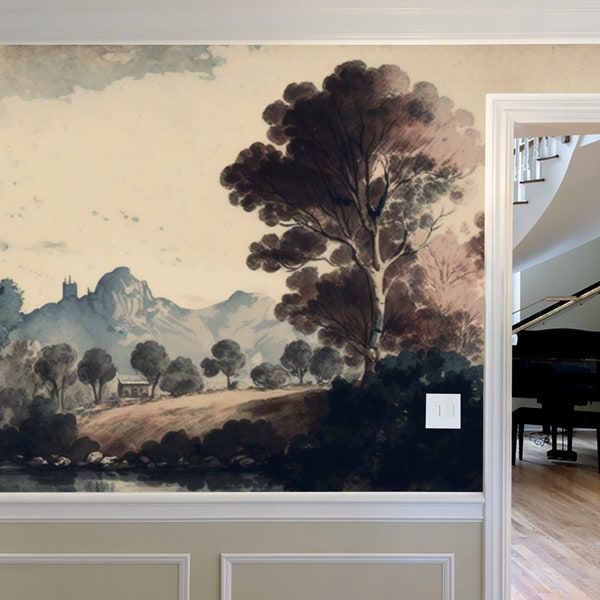 Aquarel landschap behang | Vintage schilderachtig behang | Panoramisch | Schilderachtige muurschildering | Verwijderbaar behang #460