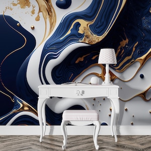 Carta da parati in marmo ORO e BLU / Arte murale moderna / Murale acquerello astratto / Design di lusso alla moda / Colori contemporanei #398