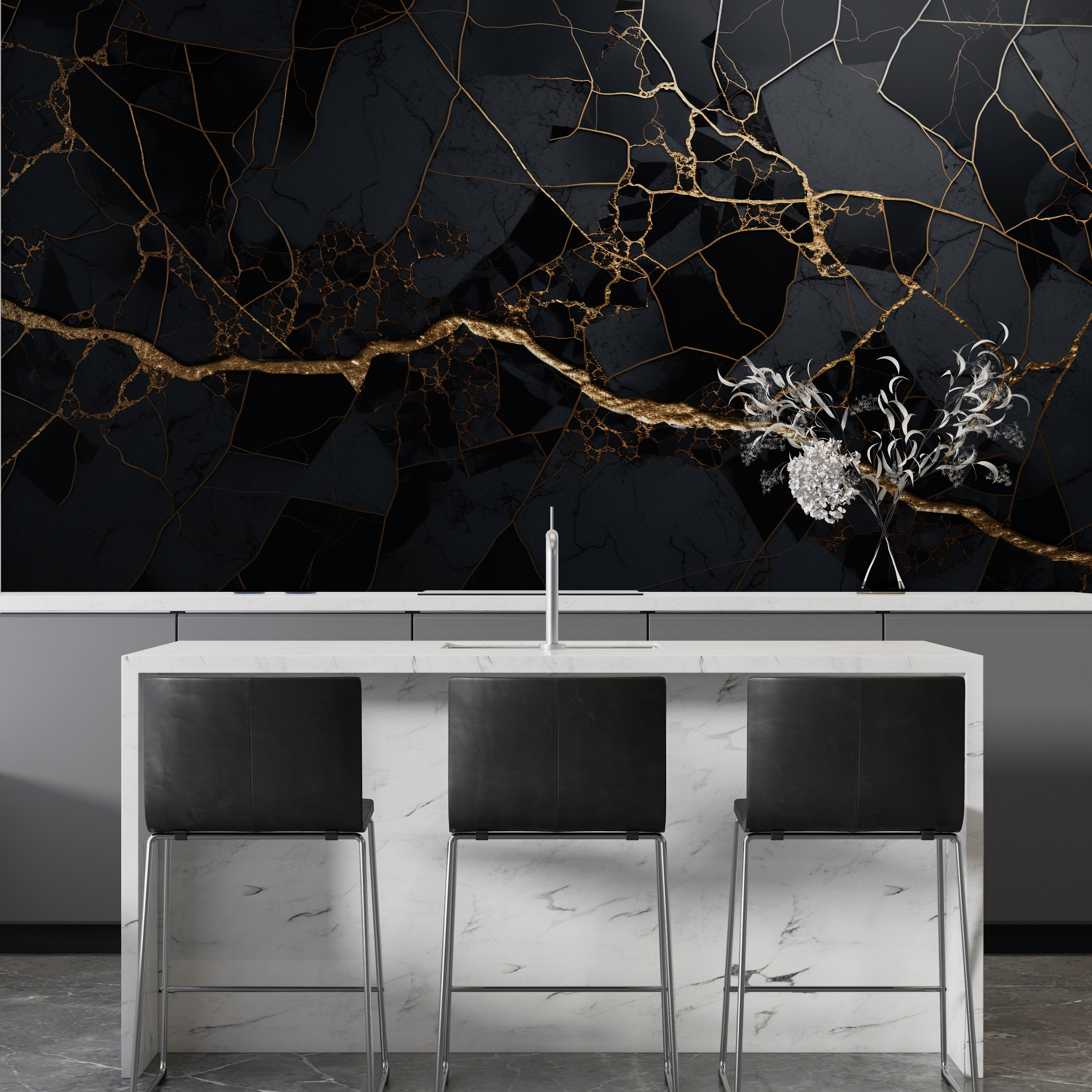 ELEGANT Black and Gold Marble Wallpaper Modern Abstract Black Mural ...