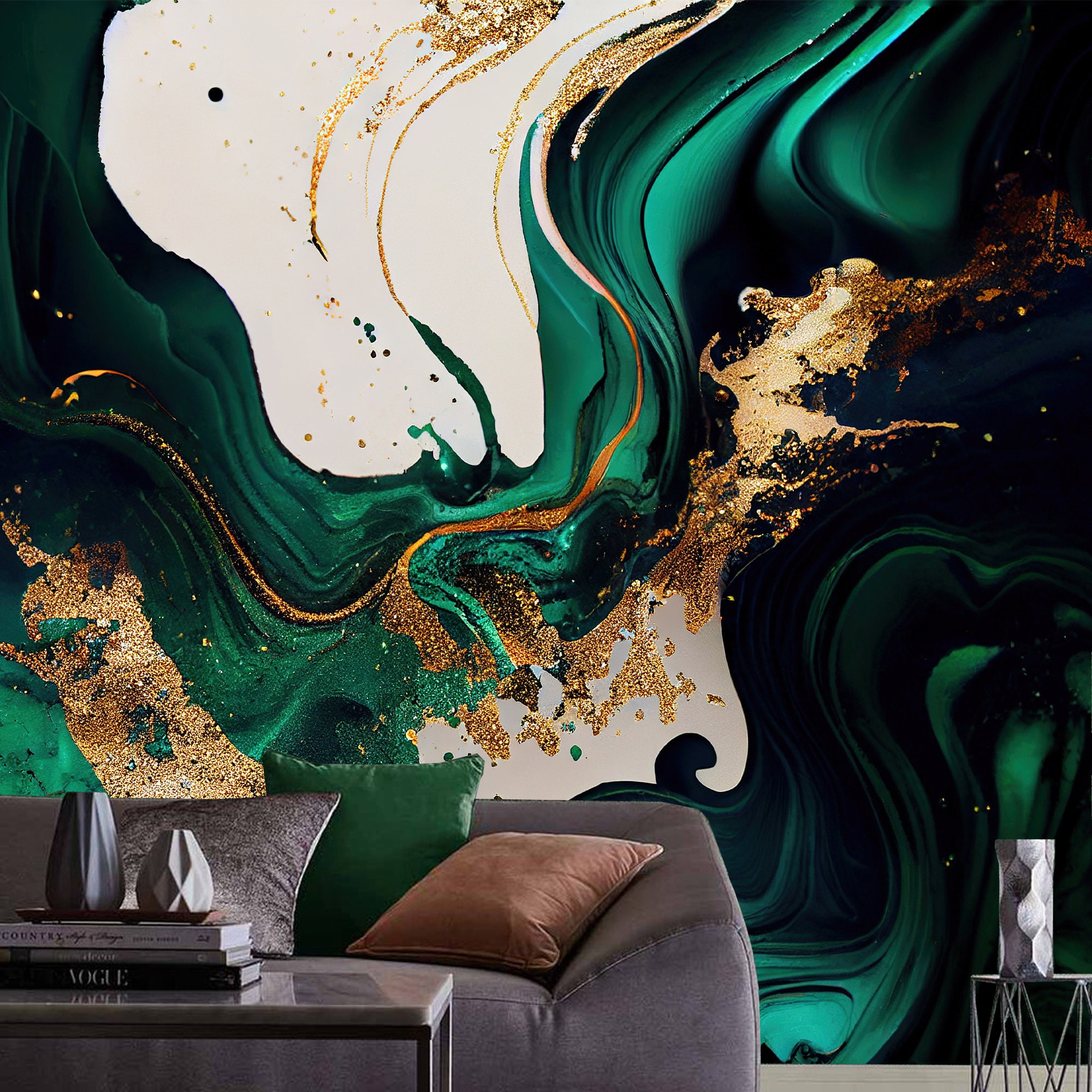 Emerald Green With Gold Marble Texture Wallpaper, Black With