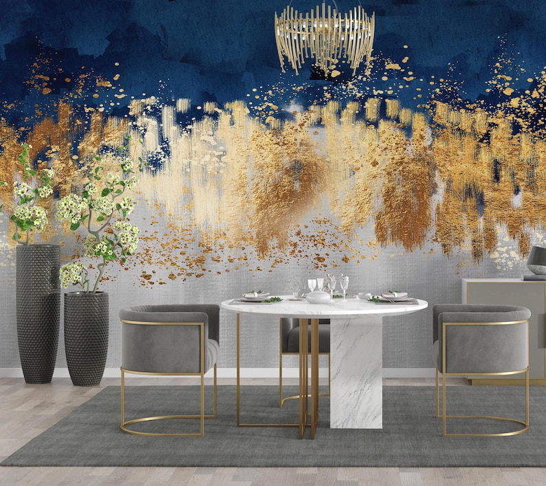 Blue Gold Marble Wallpaper Mural: Modern Abstract Design #424 - Etsy