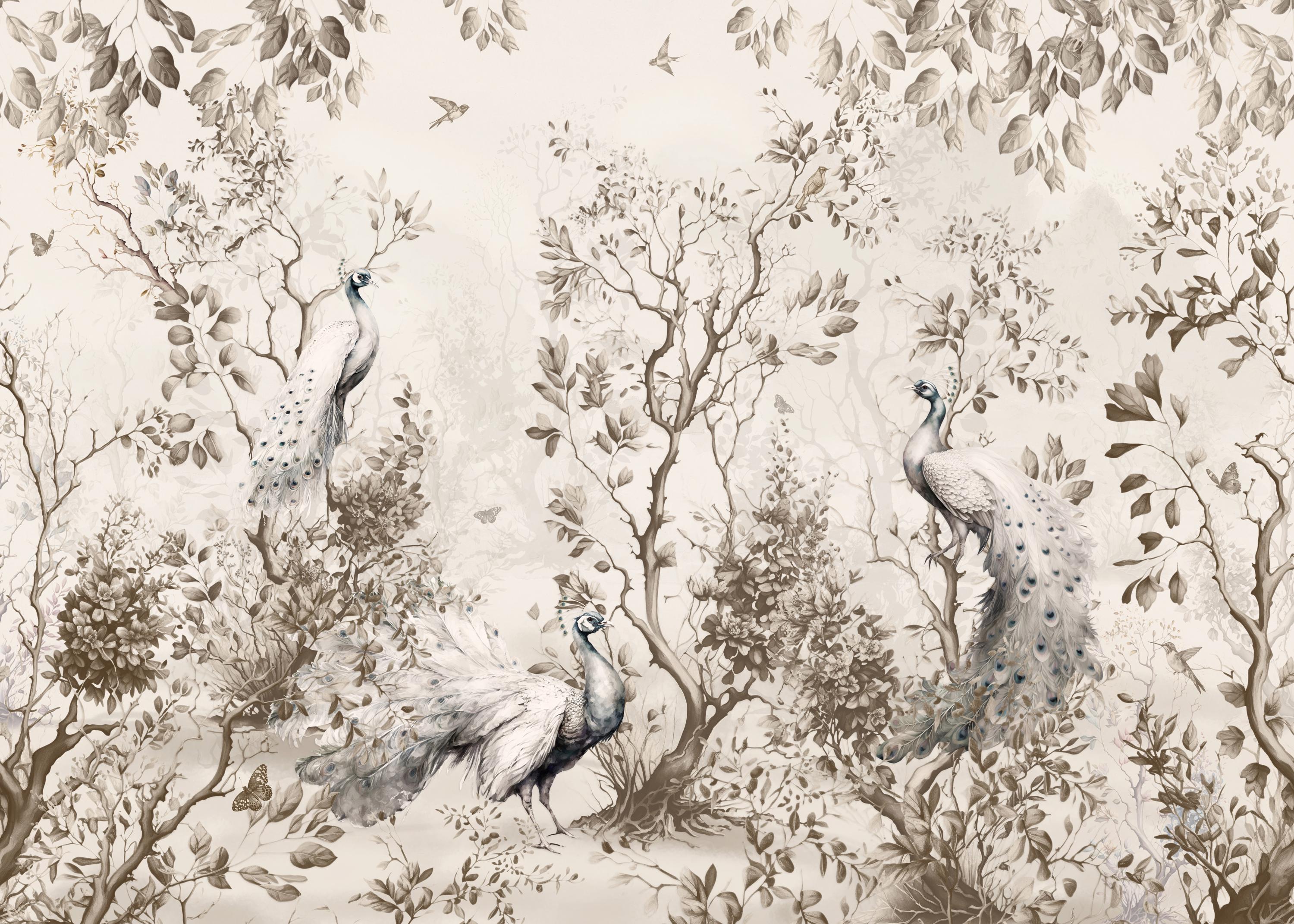 Chinoiserie Peacock Wallpaper Mural: Vintage Japanese Garden Wall