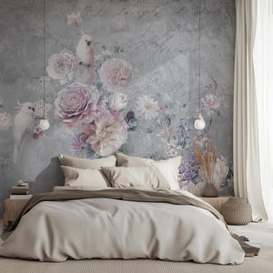 Beautiful Flowers and Birds on Concrete Wallpaper, Modern Floral Mural, Botanical Decoration | Watercolor and Nature Wallpaper #730