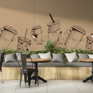 Carta da parati moderna per caffè - Decorazioni retrò per bar e bistrot con mani che tengono un bicchiere, sfondo per ristorante, pub e bar #825