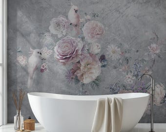Floral Bird Wallpaper Mural: Vintage Botanical Wall Decor #730