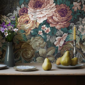 Carta da parati floreale classica vintage, elegante natura morta con fiori su parete strutturata, murale gotico romantico staccabile e attaccabile per camera da letto #785