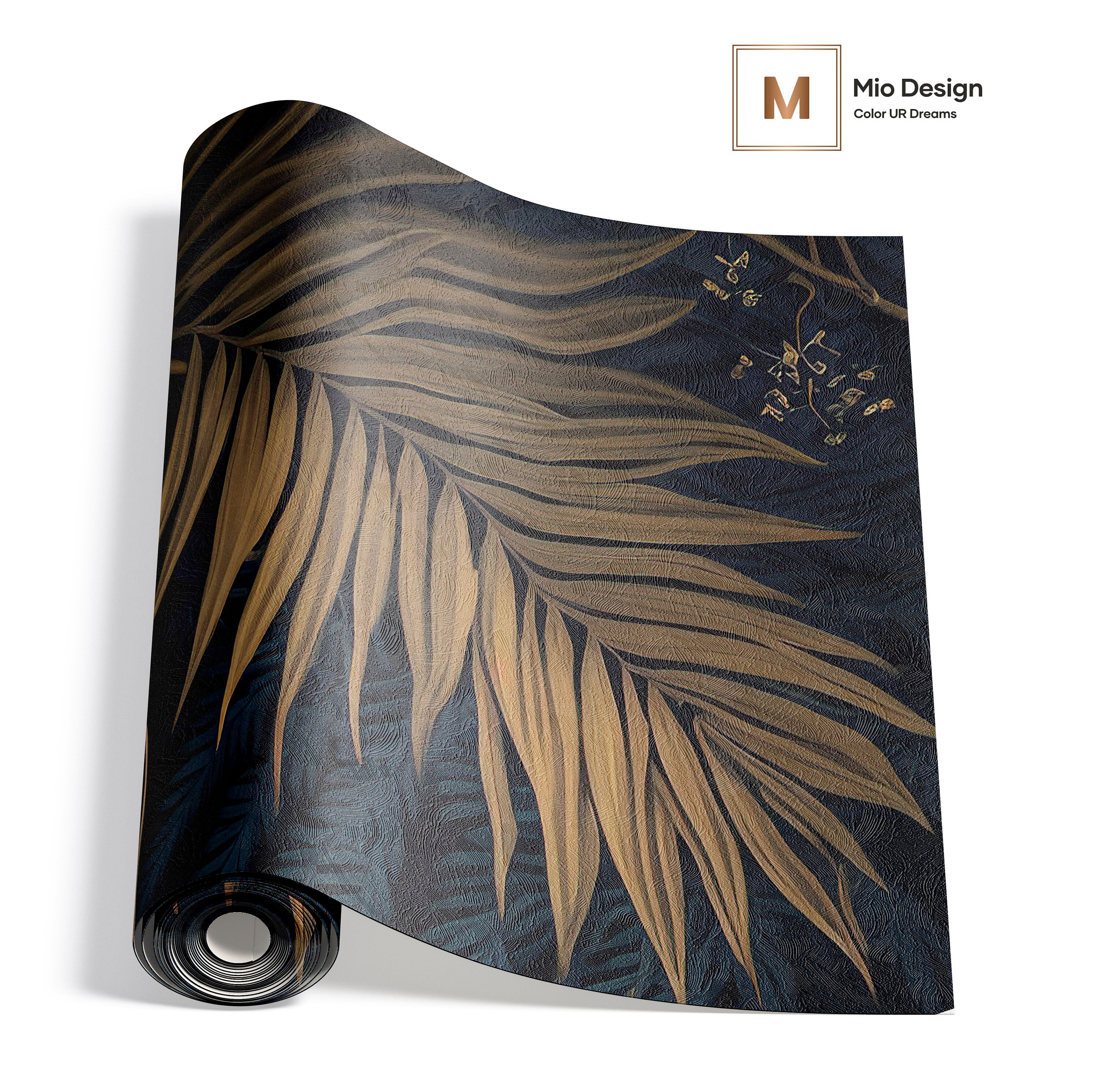 DARK Blue and Gold Tropical Wallpaper Watercolor Palm Plants Tropical