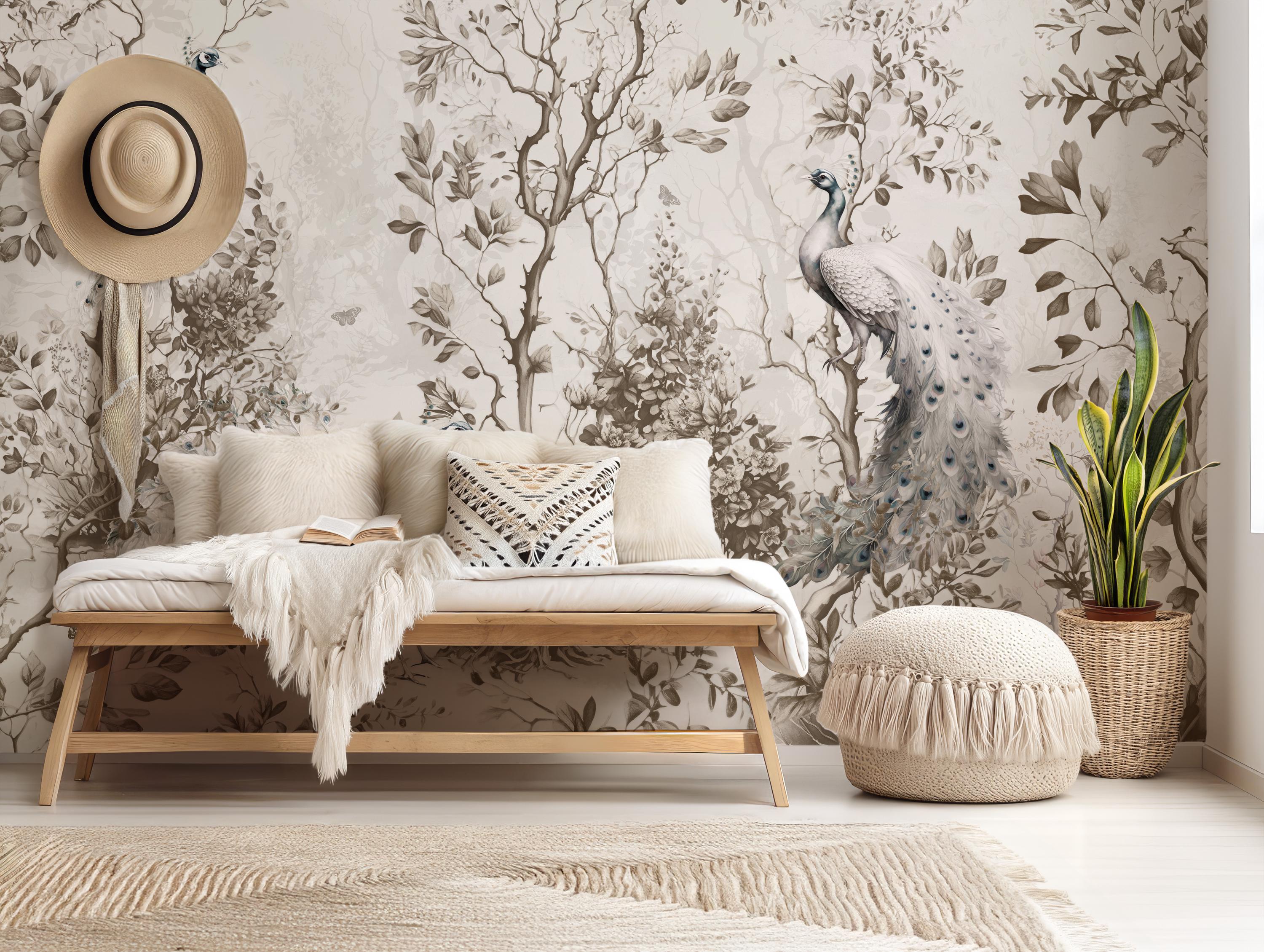 Chinoiserie Peacock Wallpaper Mural: Vintage Japanese Garden Wall
